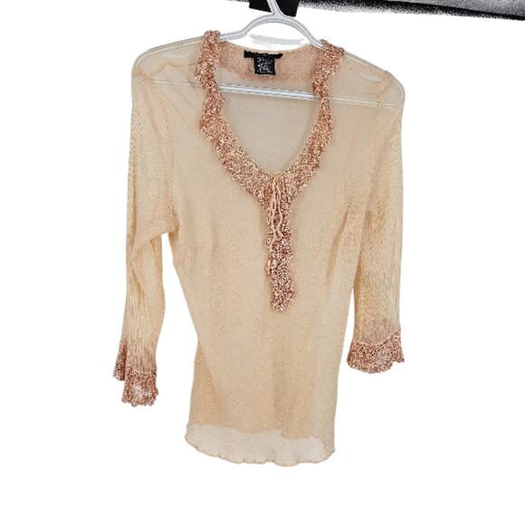 Vintage Tops - Vintage y2k ECI Blouse Top Orange 100% Silk Mesh Sheer Ruffle Crochet Size L